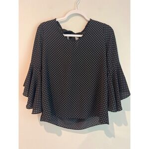 GREEN ENVELOPE Polka Dot Bell Sleeve Tie Back Blouse Women's Medium Black White